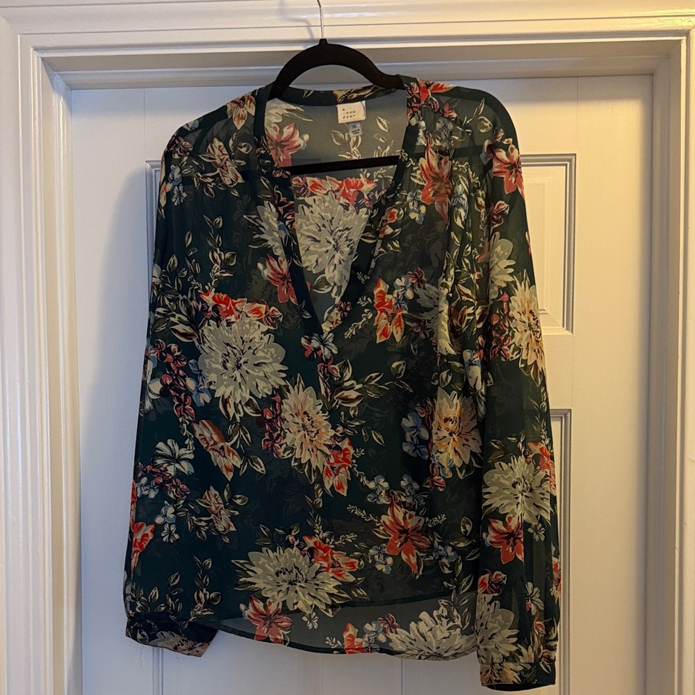 A New Day Floral Blouse - Dark Green and Red